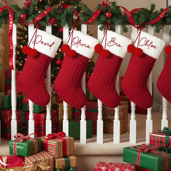 Medias navideñas personalizadas, medias navideñas con nombre, medias rojas, medias familiares bordadas, decoración del hogar, medias navideñas