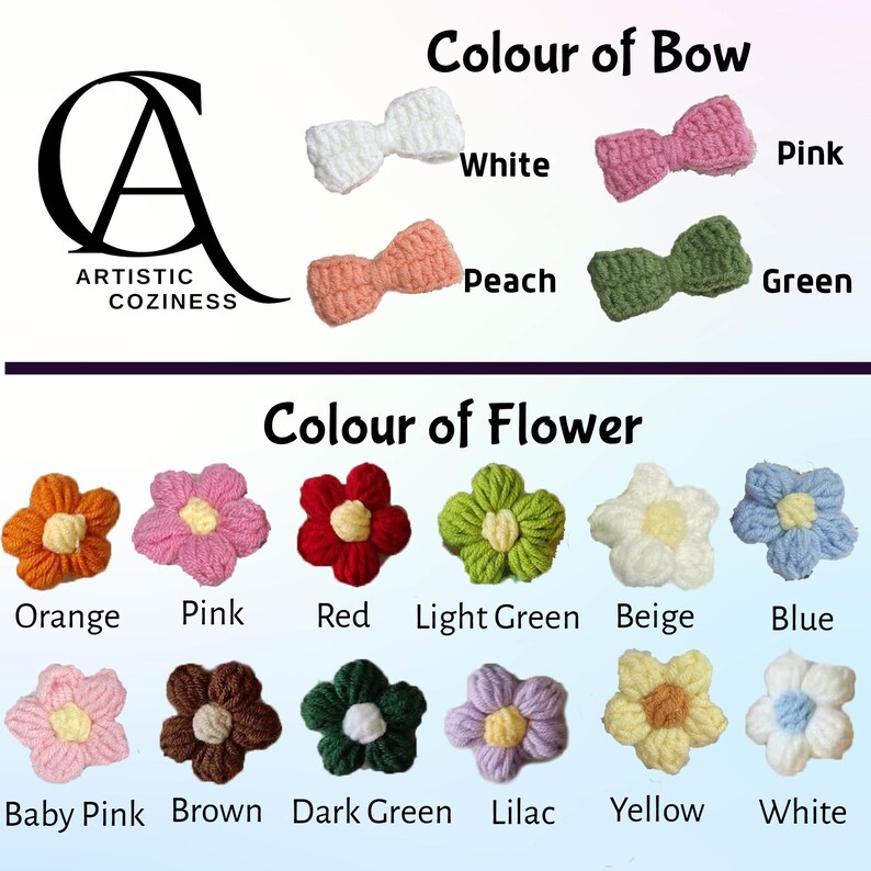 May include: A chart showing different colors of crocheted bows and flowers. The bows are white, pink, peach, and green. The flowers are orange, pink, red, light green, beige, blue, baby pink, brown, dark green, lilac, yellow, and white.