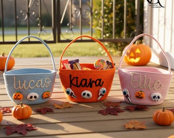 Personalisierter Halloween-Korb 2026, Süßigkeitenkorb mit individuellem Namen, Plüschkürbiskorb, Süßigkeitentüte, Geschenkkorb für Kinder, Halloween-Dekoration