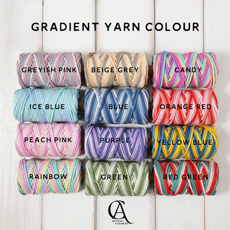 May include: Gradient yarn color samples in various colors, including grey, pink, blue, orange, red, yellow, green, and rainbow. The yarn is arranged in rows of three, with each row featuring a different color combination. The text "GRADIENT YARN COLOUR" is displayed at the top of the image.