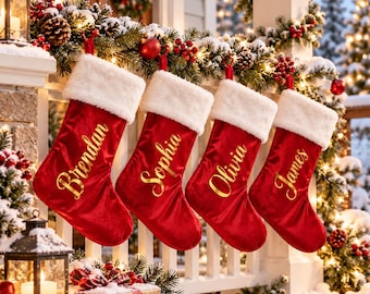 Puede incluir: Cuatro calcetines navideños de terciopelo rojo con puños de piel sintética blanca colgados en fila. Cada calcetín tiene un nombre escrito en letra cursiva dorada: Brendan, Sophia, Olivia y James.