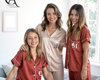 Customized Bridal Party Pajamas, Mix Satin Pajamas, Bridesmaid Party Pajamas, Bridesmaid Proposal Gifts, Gifts for her, Girls Party Pajamas