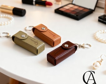 Engraved Lipstick Case with Birth Flower, Personalized Leather Lipstick Holder, Custom Floral Makeup Case, Bridesmaid Proposal Gifts