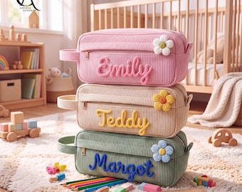 Personalized Toddler Pencil Bag, Custom Name Corduroy Pencil Case, Kids School Supplies, Preschool Pencil Pouch, Back to School Gifts