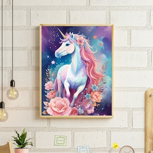 Mystical Boho Unicorn Art Print - Whimsical Flowers and Stars | Wall Art Canvas | Wall Art Trendy | Unicorn Print | Art for Frame