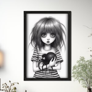 Girl and her pet spider | Dark Academia Wall Art Print Gothic Decor Black and White Drawing