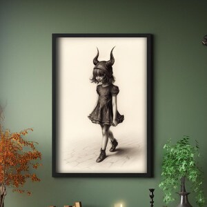 Mały diabełek mnie do tego zmusił | Dark Academia Wall Art Print Gothic Decor Czarno-biały rysunek