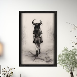 Walk On Little Devil | Dark Academia Wall Art Print Gothic Decor Czarno-biały rysunek