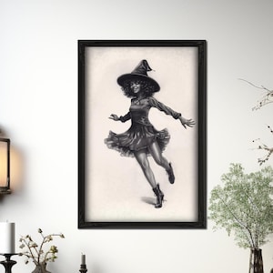 Frolicking Witch | Dark Academia Wall Art Print Gothic Decor Black and White Drawing