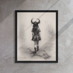 Obraz w ramie Walk On Little Devil | Dark Academia Wall Art Print Gothic Decor Czarno-biały rysunek
