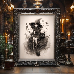 Beatrix the Witch with cat familiars | Dark Academia Wall Art Print Gothic Decor Black and White Drawing