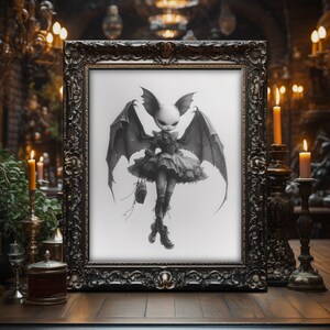 May include: A black and white illustration of a bat-like creature with wings, wearing a dress and holding a small object. The illustration is framed in a dark wood frame.