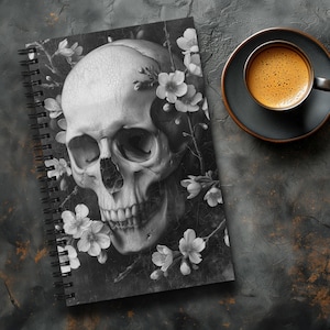 Skull with Blossoms Spiral notebook | Dark Academia Wall Journal Gothic Decor Black and White Diary