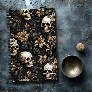 Skull Flowers Black and Gold Spiral notebook | Dark Academia Wall Journal Gothic Decor Black and White Diary