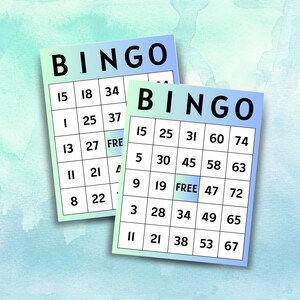 May include: Two bingo cards against a blue and green gradient backdrop. Each card features the word "BINGO" and a grid of numbers. One card includes a "FREE" space.