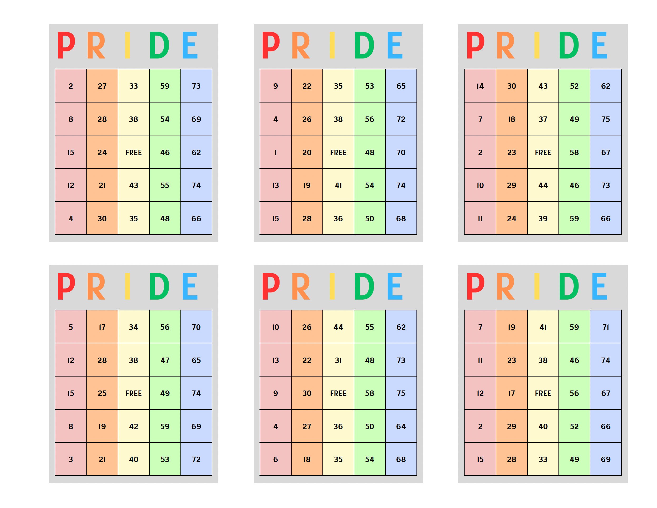 100 carte Bingo digitali PRIDE, download digitale, perfette per eventi PRIDE, celebra l'amore e l'unità 1/2/4/6 carte per pagina Carta Bingo