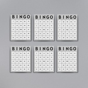 100 cartones de bingo grises simples: neutros, 1/2/4/6 cartones por página, ideal para cualquier evento, descarga instantánea, diseño moderno, noche de juegos para la familia