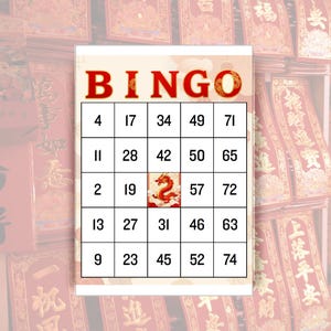 May include: A Bingo card with the word "BINGO" in red at the top. The card has a grid of numbers, with a red dragon image in the center. The background features red and gold decorative elements.