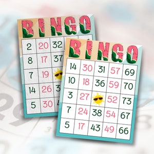 Tarjetas de bingo digitales con temática de verano, 300 tarjetas únicas, diversión para juegos de fiesta, paquetes de 1/2/4/6 disponibles, descarga instantánea lista para imprimir