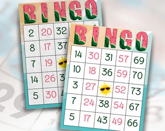 Carte da bingo digitali a tema estivo 300 carte uniche, divertente gioco di società, 1/2/4/6 confezioni disponibili, download istantaneo pronto per la stampa