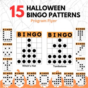Può includere: Un set di schede di bingo di Halloween stampabili con 15 diversi schemi. Le schede presentano vari temi di Halloween, tra cui un cappello da strega, una lapide, una ragnatela, una zucca e un fantasma. Le schede sono progettate per un divertente e festoso gioco di festa di Halloween.