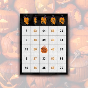 50 cartões de bingo de Halloween - fofos e assustadores, design preto e laranja, 1/2/4/6 cartões por página, perfeitos para festas de Halloween, download instantâneo
