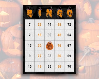 50 carte Bingo di Halloween - Carine e inquietanti, design nero e arancione, 1/2/4/6 carte per pagina, perfette per le feste di Halloween, download istantaneo
