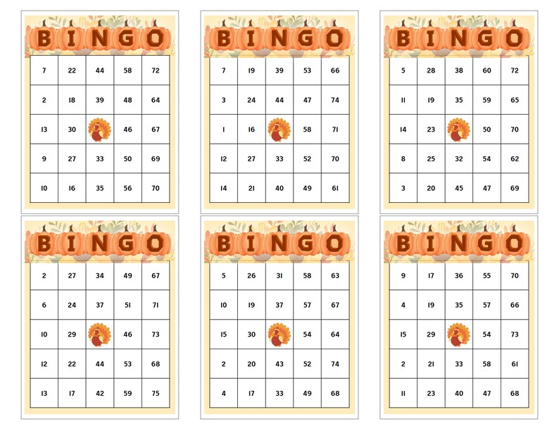 100 Pumpkin Bingo Cards, Autumn Leaves Design, 1/2/4/6 Cards per ...