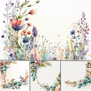 Bordure de fleurs sauvages aquarelle, Clipart Design Floral, cadres de feuillage aquarelle, Clipart Floral aquarelle, PNG, usage Commercial, 300 DPI