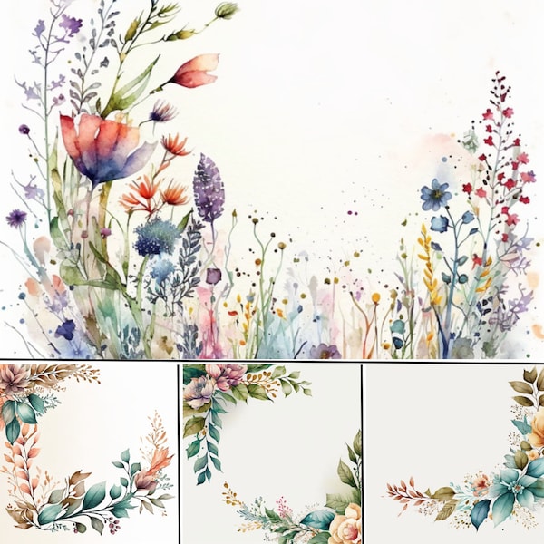 Watercolor Wild Flower Borders, Floral Design Clipart, Watercolor Foliage Frames, Watercolor Floral Clipart, PNG, Commercial Use, 300 DPI