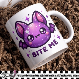 May include: White ceramic mug with a purple cartoon bat with sparkly details and the text "BITE ME" in black.