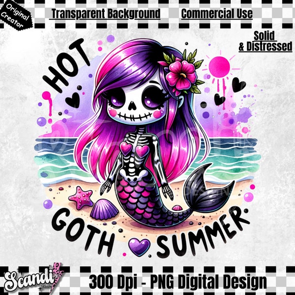 Hot Goth Summer PNG | Funny Summer Mermaid Clipart | Snarky Skeleton | Sublimation Design | Summer Vacation DTF File | Trendy Pastel Goth