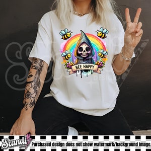 Bee Happy PNG | Trending Clipart | Snarky Skeleton Sublimation PNG | Funny Mental Health Anxiety Uv DTF Transfer Design | Sticker | Mug image 2