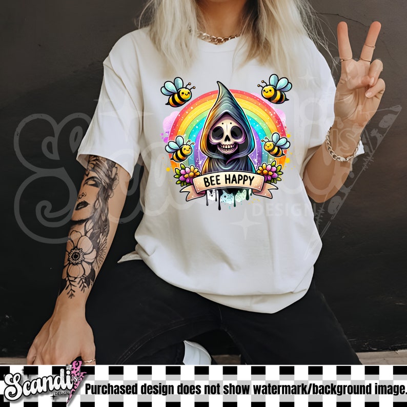 Bee Happy PNG | Trending Clipart | Snarky Skeleton Sublimation PNG | Funny Mental Health Anxiety Uv DTF Transfer Design | Sticker | Mug image 2