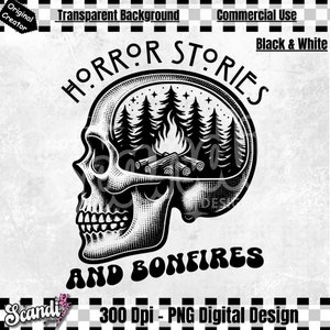 Op de afbeelding: Zwart-witte illustratie van een schedel met een kampvuur en bomen erin. De tekst "HORROR STORIES AND BONFIRES" staat onder de schedel.