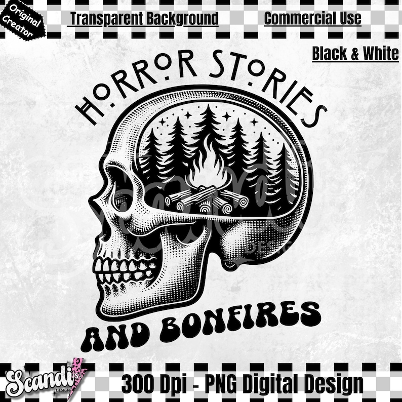 Op de afbeelding: Zwart-witte illustratie van een schedel met een kampvuur en bomen erin. De tekst "HORROR STORIES AND BONFIRES" staat onder de schedel.