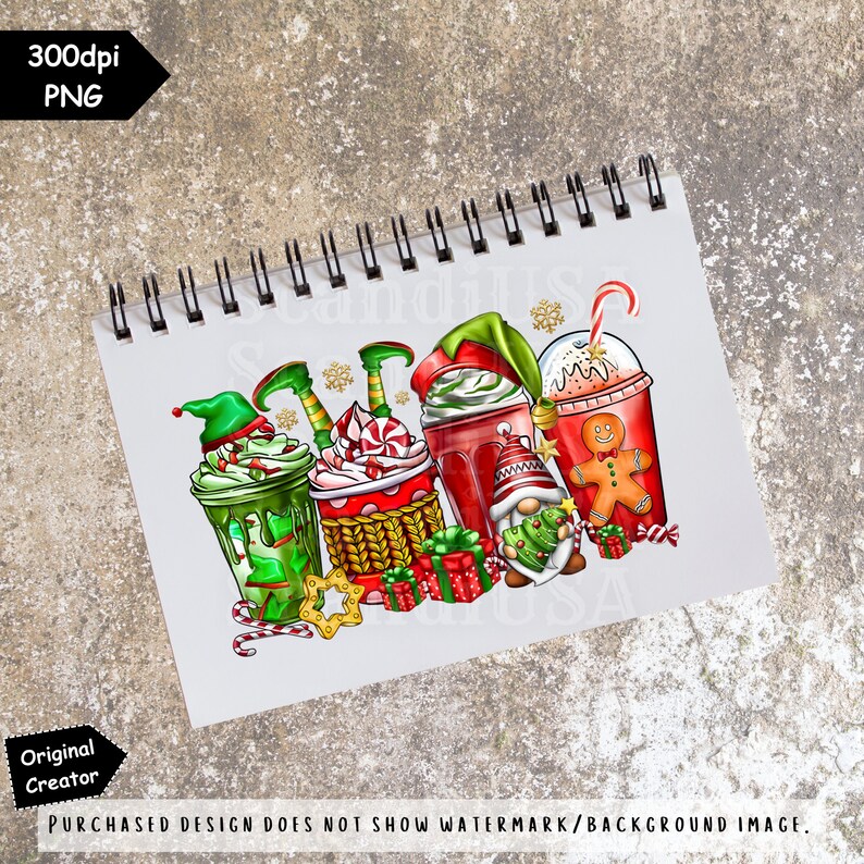 May include: A digital illustration of five Christmas-themed drinks with festive toppings. The drinks are in cups with green, red, and white designs. There are also gnomes, candy canes, and presents in the illustration.
