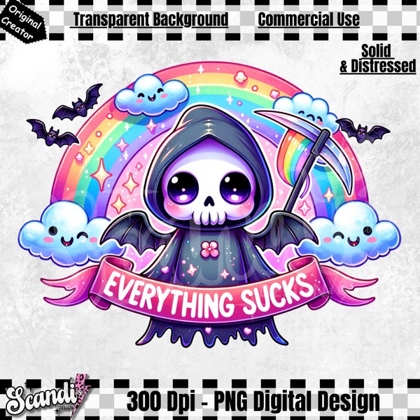 Cute Grim Reaper PNG | Everything Sucks Png | Skeleton Clipart | Spooky Sublimation | Goth Digital Download | Pastel goth | Halloween PNG