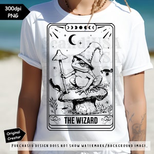 May include: Black and white illustration of a frog wearing a wizard hat and holding a mushroom. The frog is sitting on a mushroom and the image is framed with a border that says "THE WIZARD".