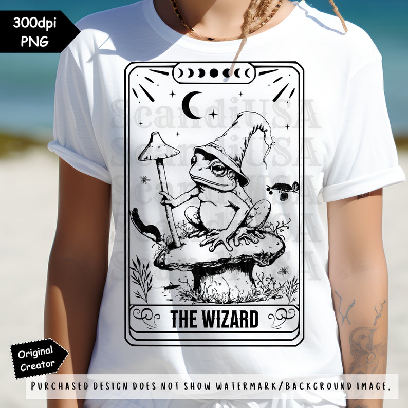 May include: Black and white illustration of a frog wearing a wizard hat and holding a mushroom. The frog is sitting on a mushroom and the image is framed with a border that says "THE WIZARD".
