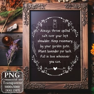 May include: A framed chalkboard with a dark background and white text. The text includes instructions about salt, rosemary, and lavender. The frame is ornate with a dark wood finish. A salt shaker graphic is at the top.