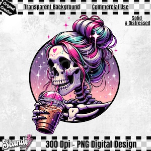 May include: A digital illustration of a pink and blue skull with a bun in its hair, drinking a brown iced coffee with a pink straw. The skull is wearing a pink and blue heart on its forehead. The background is a pink and purple gradient with stars.