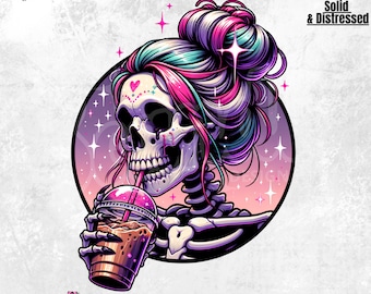 Messy Bun Skelett Eiskaffee PNG | DTF Sublimation (Digitaler Download)