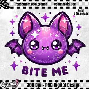 May include: Purple cartoon bat with sparkly glitter and big eyes. The bat has a mischievous grin and says "Bite Me".