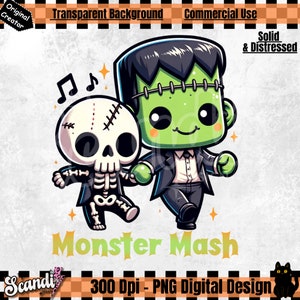 Op de afbeelding: Een digitale illustratie van een groene Frankenstein-monster en een skelet in zwarte pakken die dansen met de tekst "Monster Mash" in geel en groen.