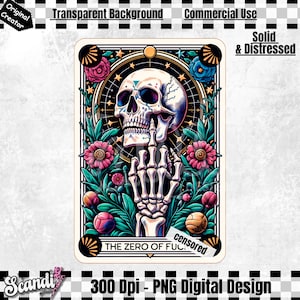Zero Of Fucks Tarotkaart PNG | Sarcastisch skeletsublimatieontwerp | Witchy grappig geen fucks gegeven T-shirt ontwerp PNG | Grappige tarot PNG