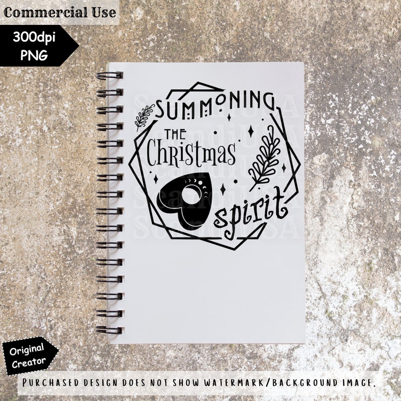 May include: Black and white graphic design with the text "Summoning the Christmas spirit". The design features a stylized heart with a circle inside, a feather, and a geometric frame.
