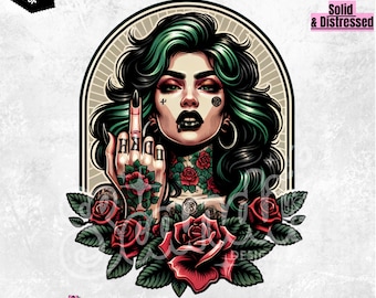 Middle Finger Respectfully PNG Tattooed Girl, Retro Sassy Design (Digital Download)