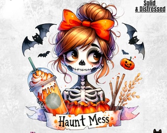 Haunt Mess PNG | Halloween Coffee Skeleton Clipart | Hot Mess Skeleton Sublimation | Spooky Uv DTF Transfer Design | Halloween Tshirt