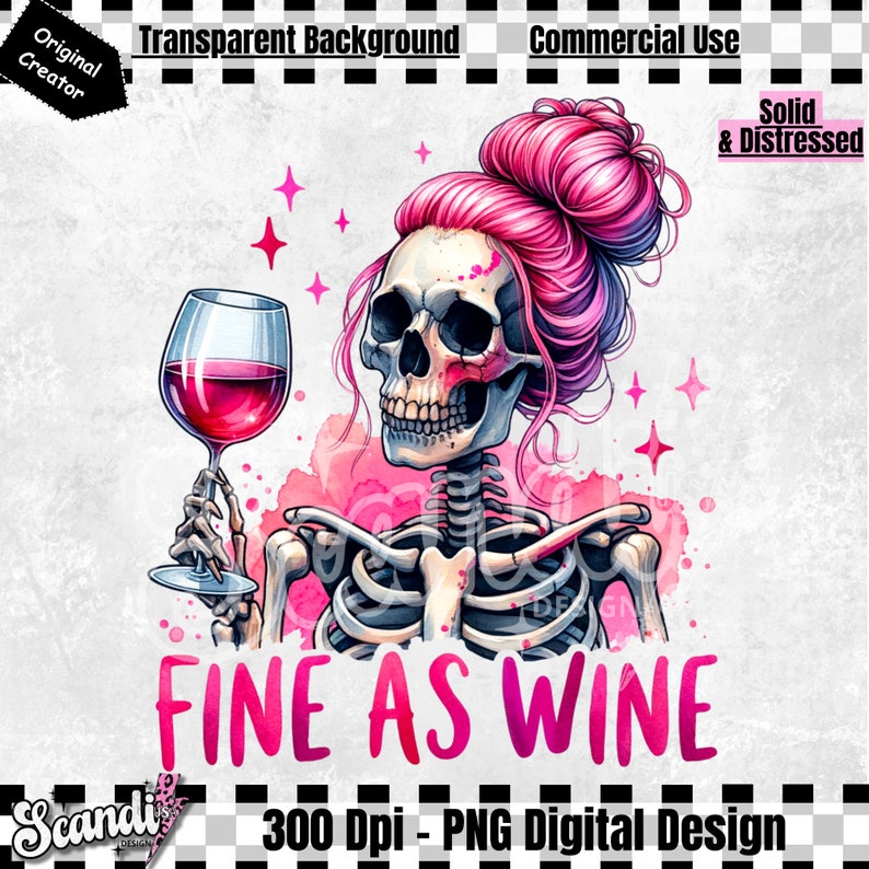 K&ouml;nnte beinhalten: Ein rosa Skelett mit einem unordentlichen Dutt h&auml;lt ein Glas Rotwein. Der Hintergrund ist ein Aquarell in Rosa und Wei&szlig;. Der Text "FINE AS WINE" ist in rosa Buchstaben unter dem Skelett geschrieben.